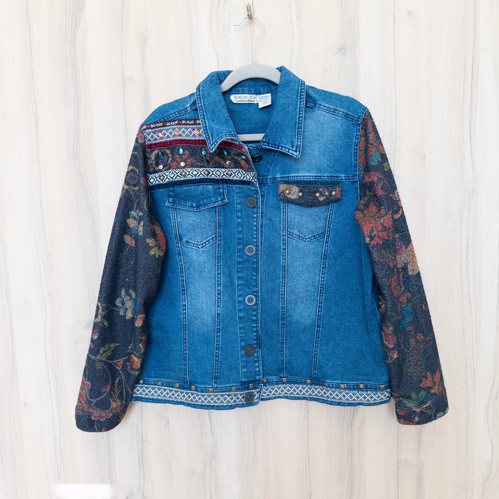Vintage New Direction Denim Jacket XL Blue Floral Tapestry Beaded Boho Western